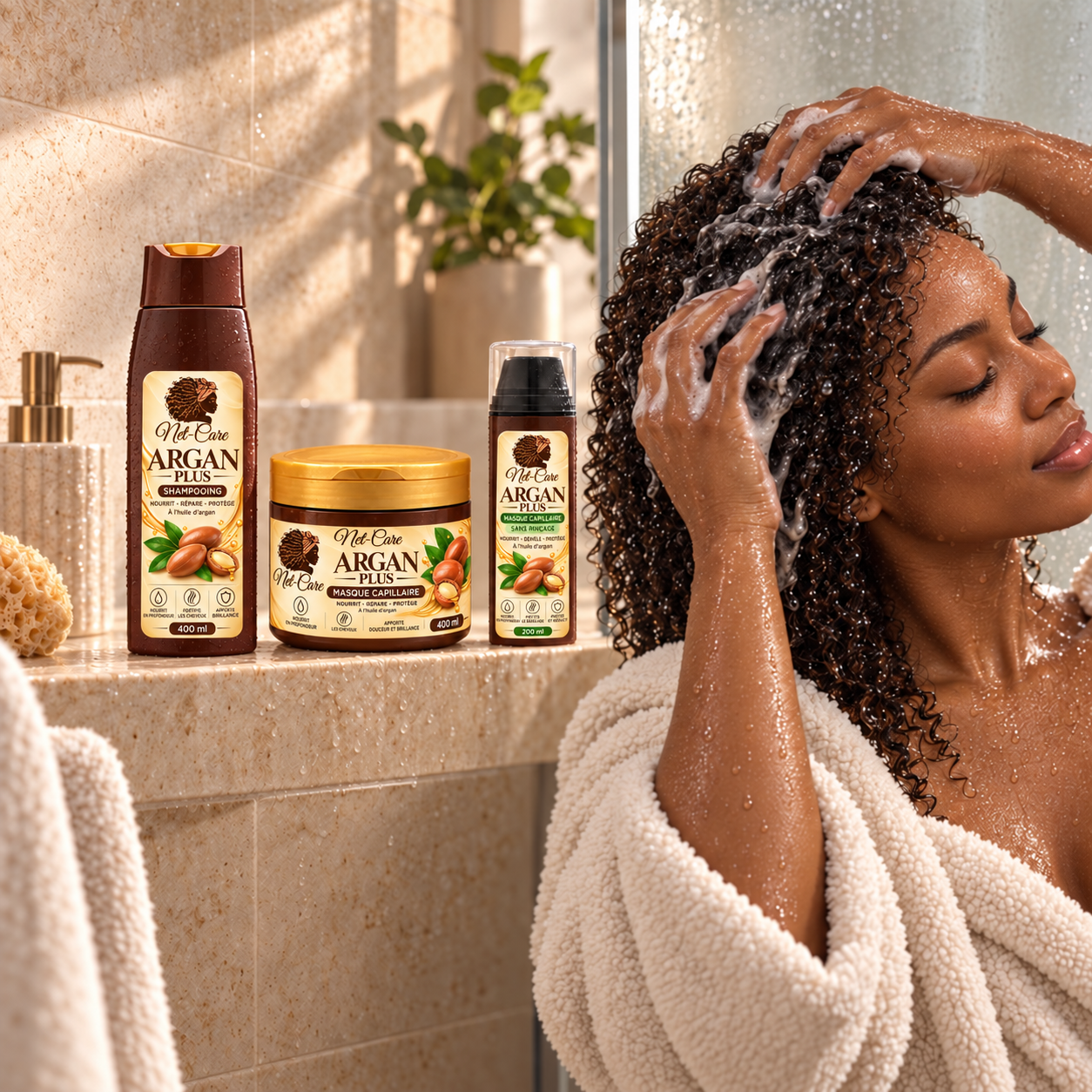 Gamme complète Argan Plus Net-Care utilisée dans une douche premium