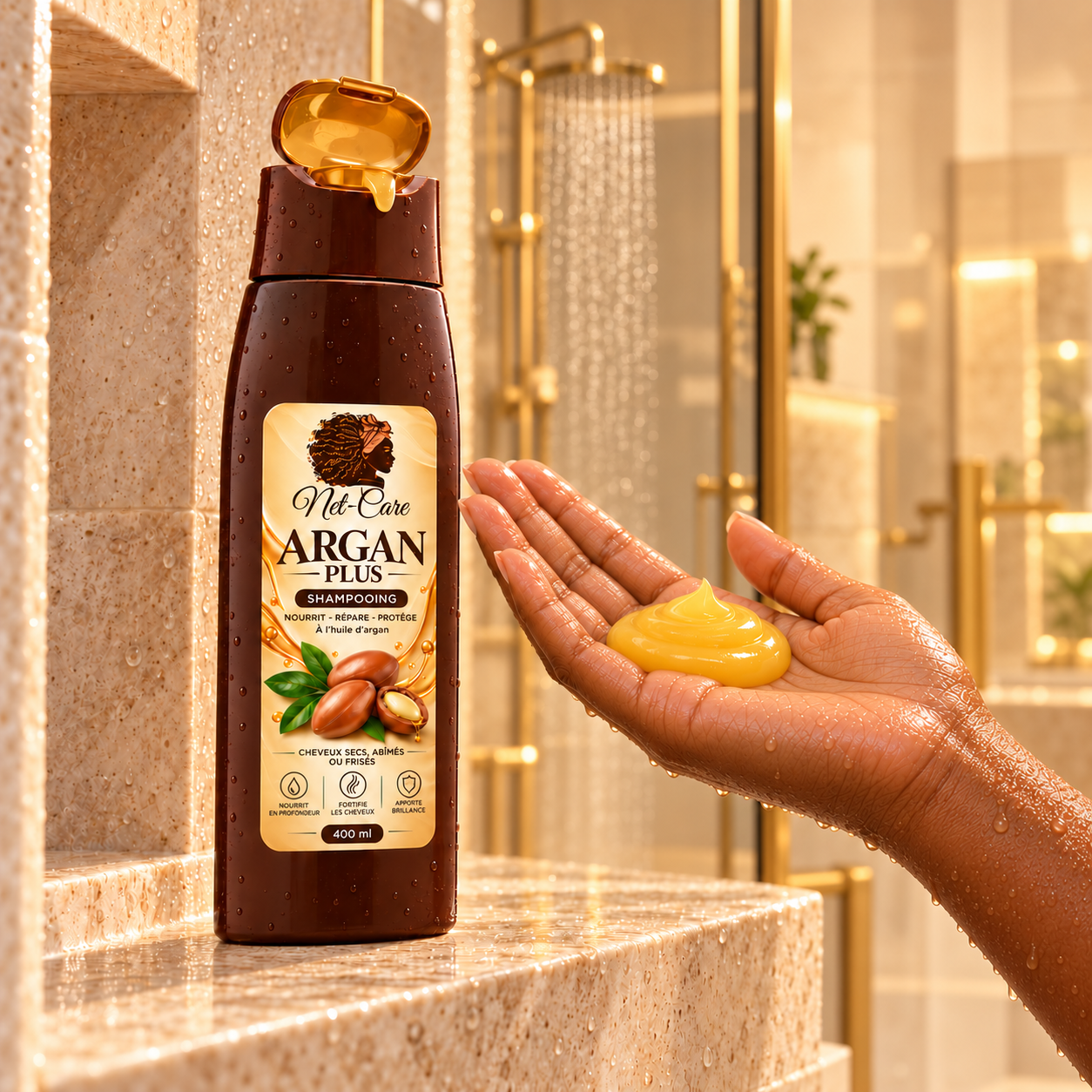 Texture jaune dorée opaque du shampooing Argan Plus Net-Care