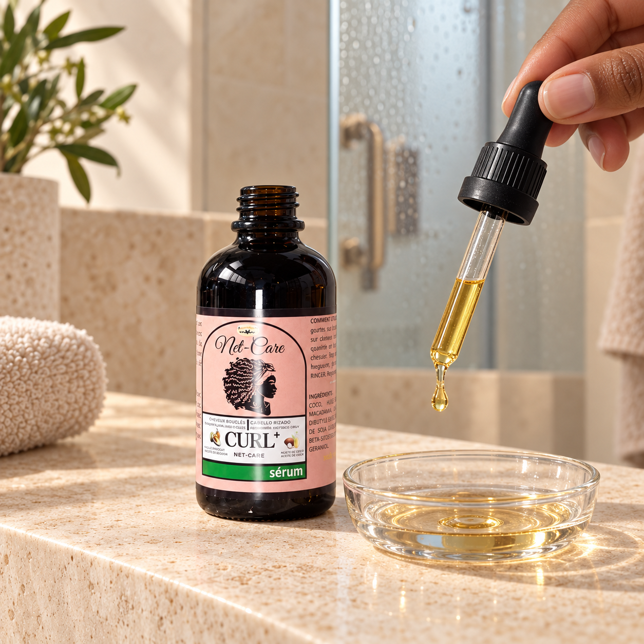 Sérum CurlyPlus mostrando su textura de aceite
