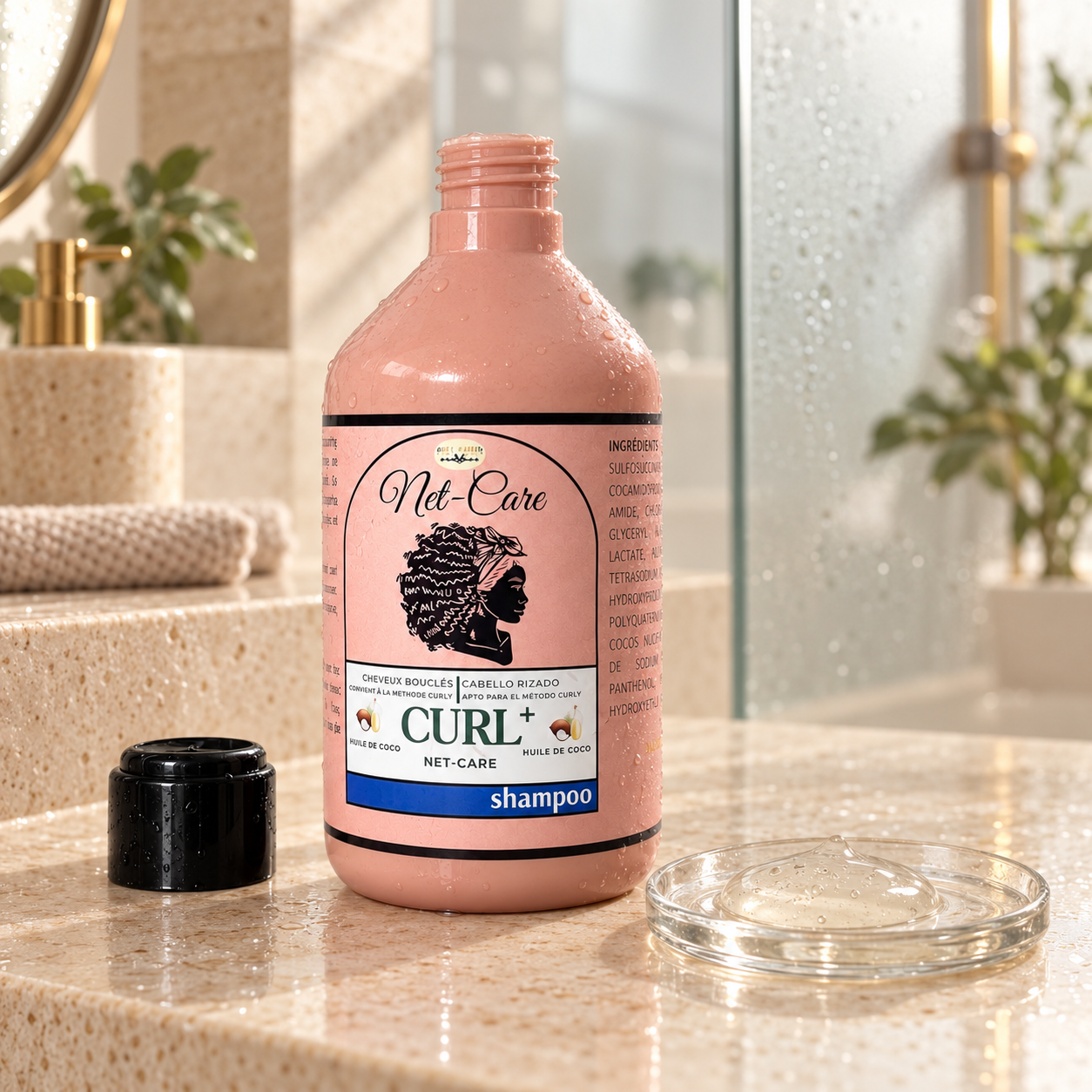 Champú CurlyPlus mostrando su textura transparente de aloe vera